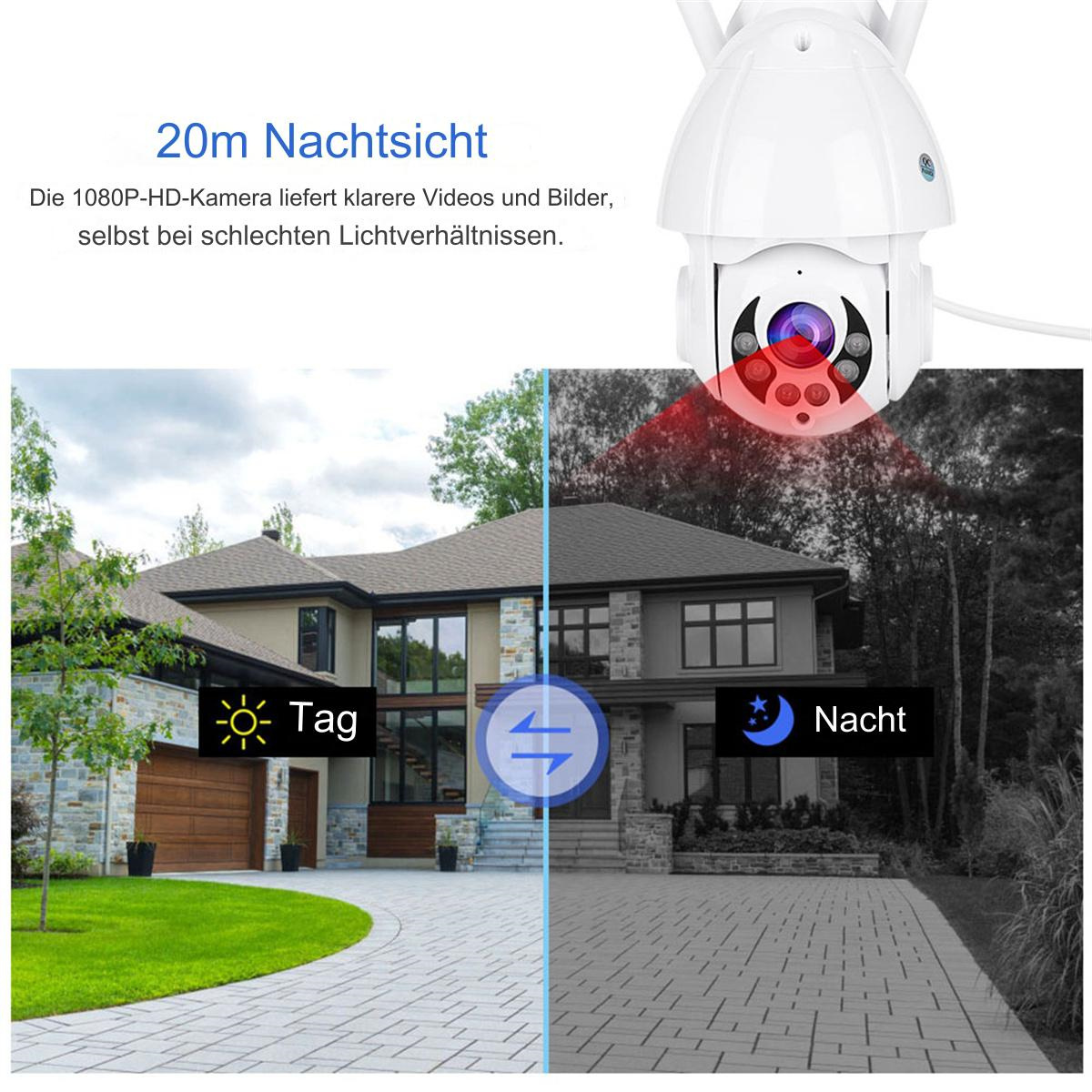 Eine Überwachungskamera über einem Haus, die Tag- und Nachtansichten zeigt.