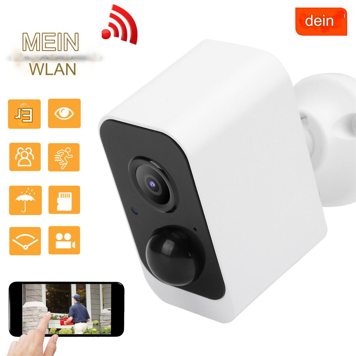 Weiße Überwachungskamera und ein Telefon, das die Ansicht zeigt.