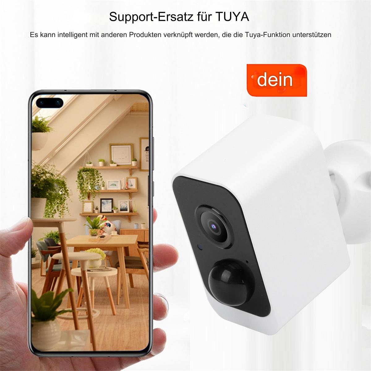Smartphone zeigt Wohnzimmer. Eine weiße Überwachungskamera ist an der Wand montiert.