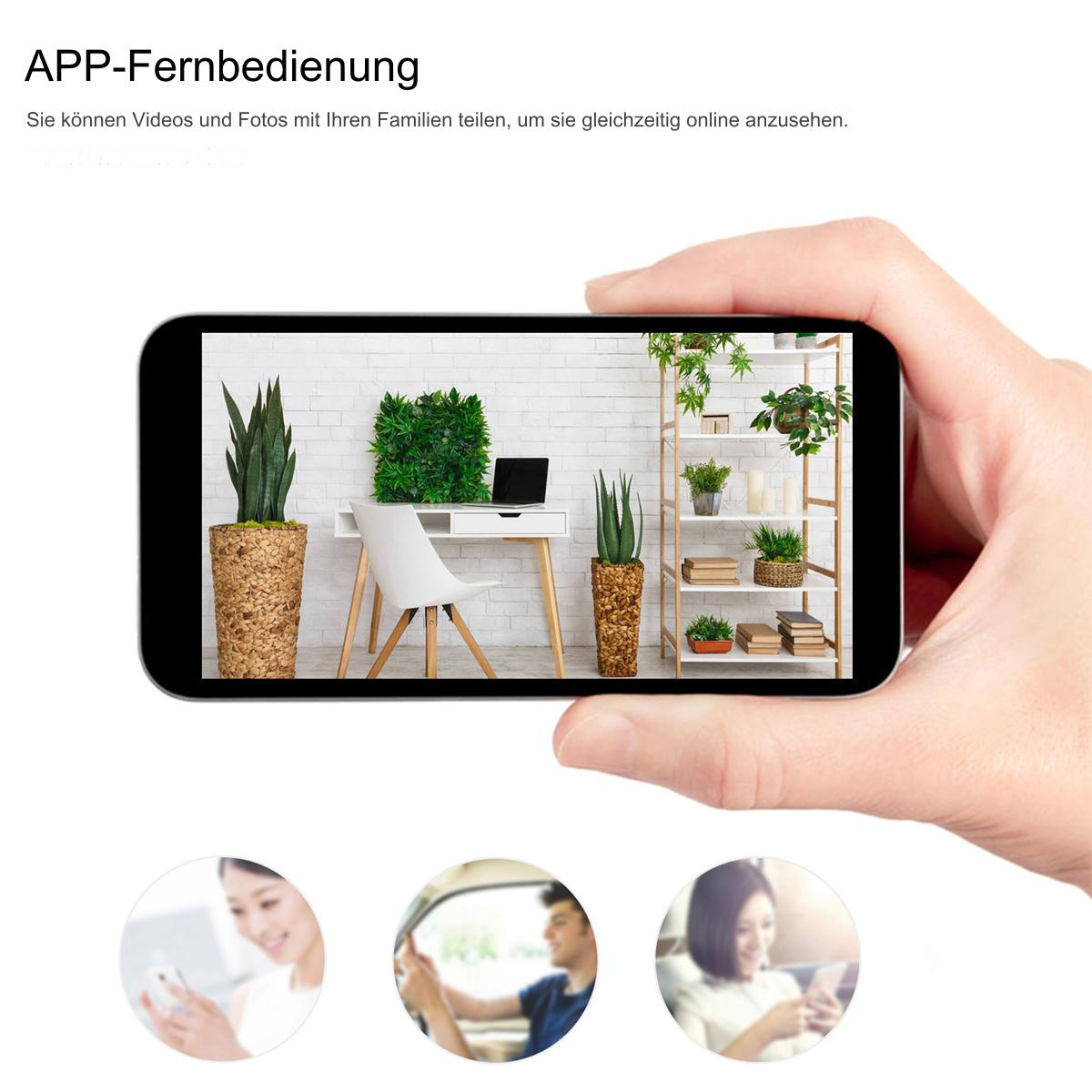 Eine Hand hält ein Telefon, das eine Wohnzimmerszene mit Pflanzen und einem Schreibtisch zeigt.