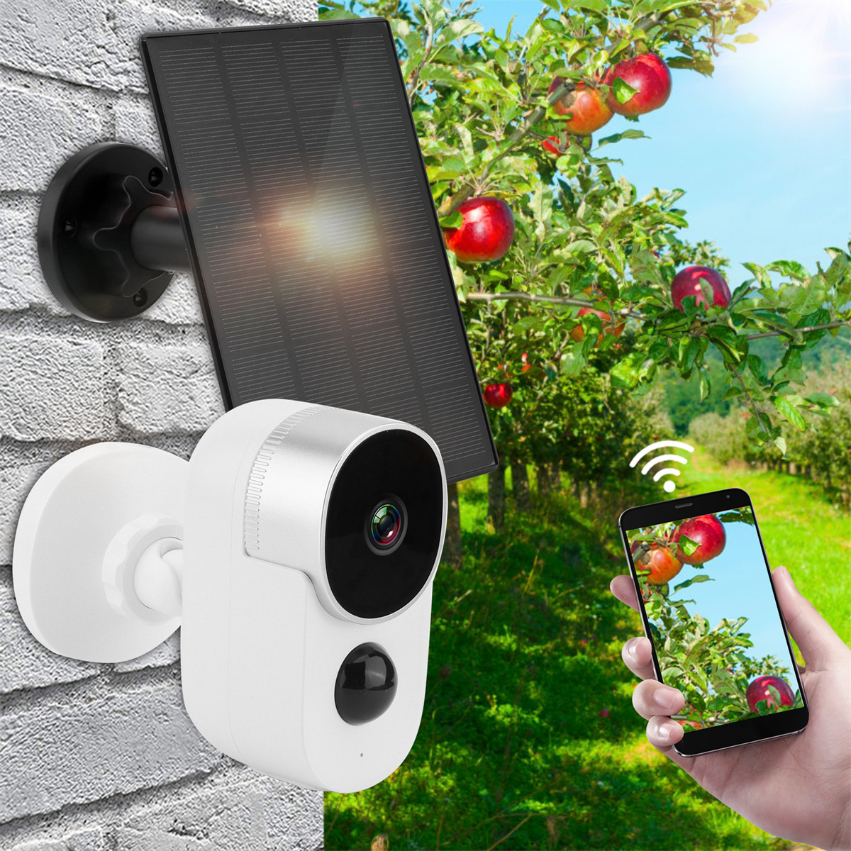 Weiße Überwachungskamera mit Solarpanel und Telefon mit Apfelbaum.