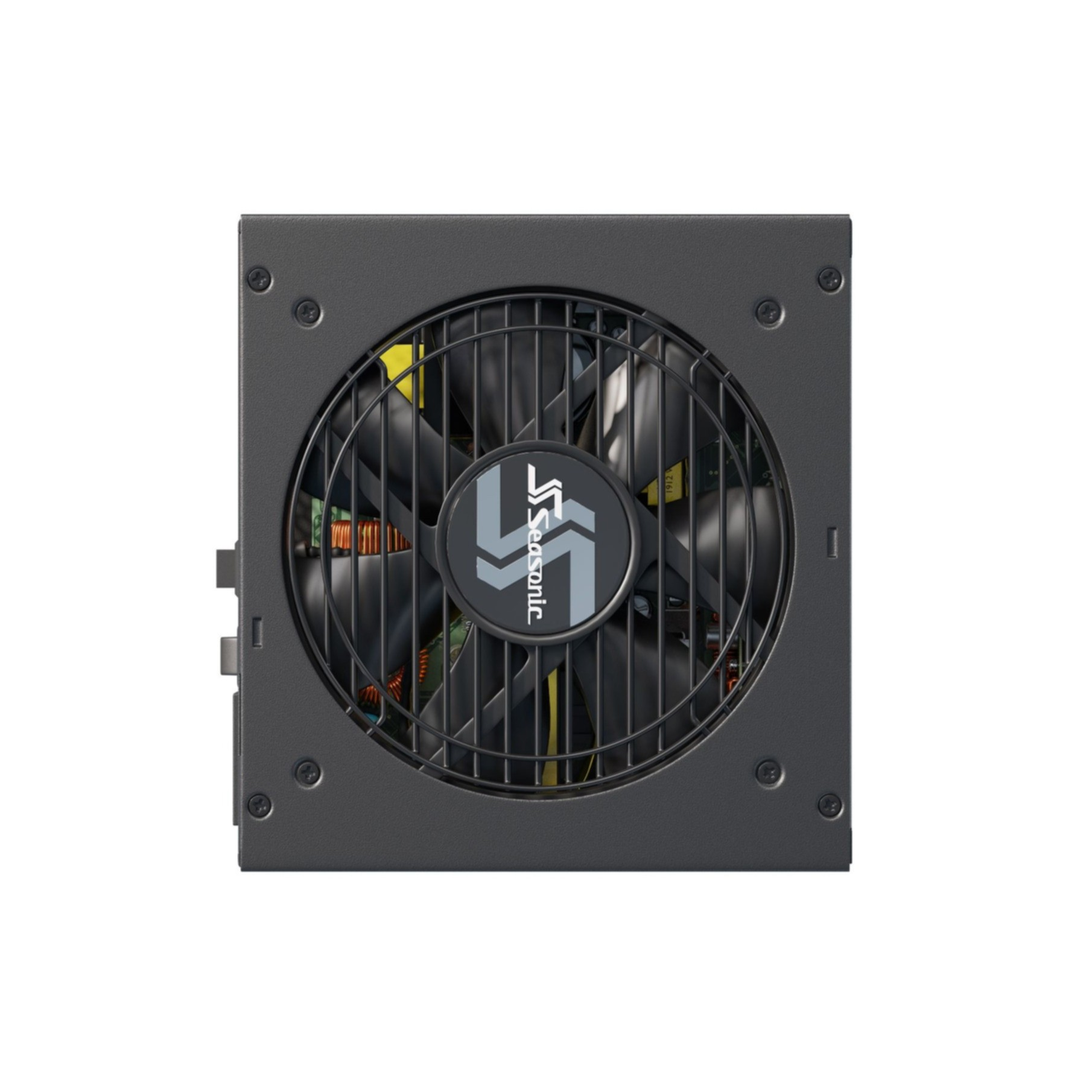 Ein schwarzes Computer-Netzteil mit Lüfter und dem Seasonic-Logo.