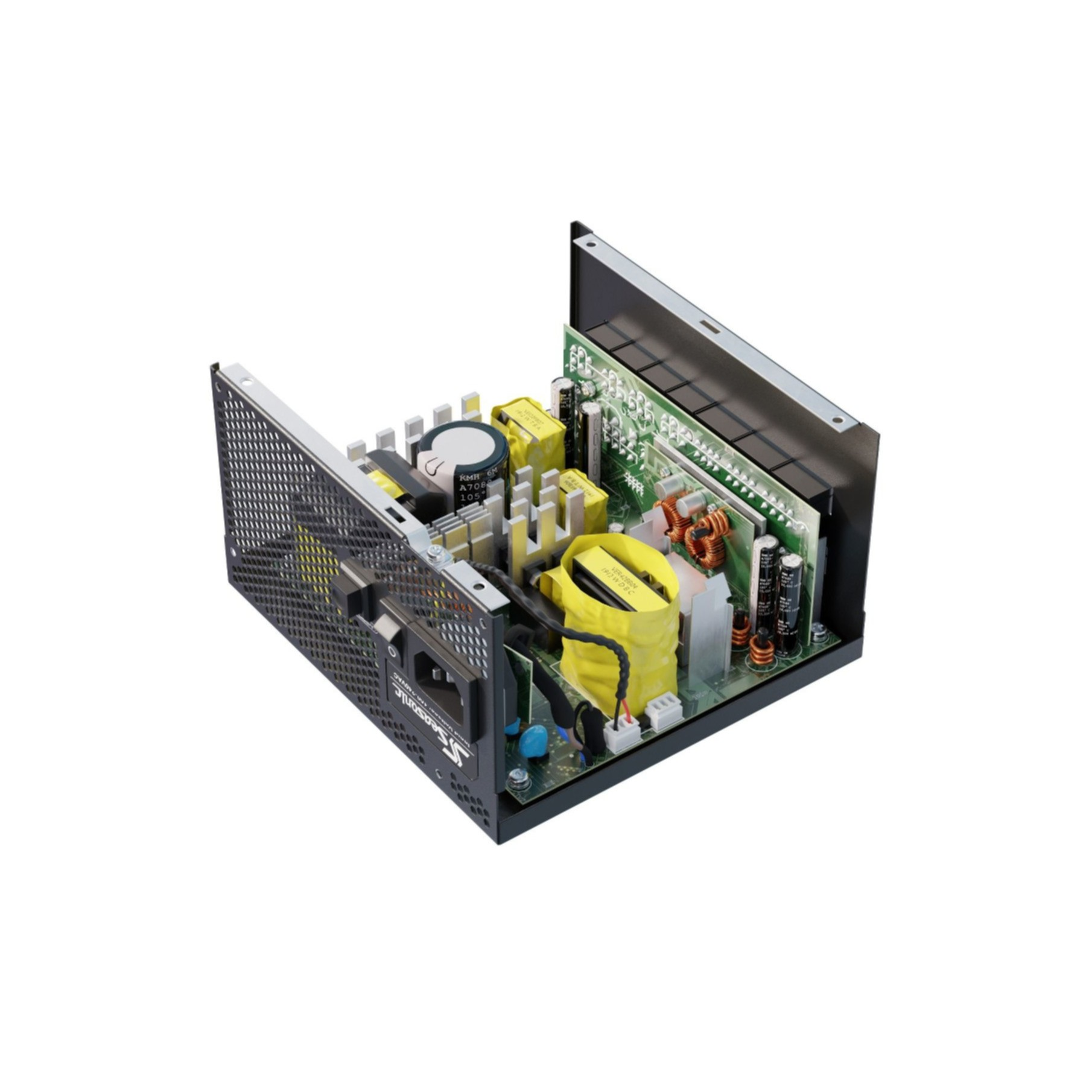 Geöffnetes Computer-Netzteil. Es enthält verschiedene elektronische Komponenten, Drähte und Schaltkreise.
