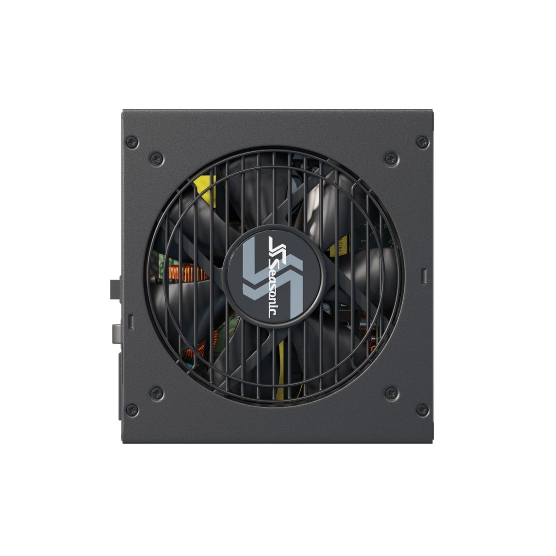 Ein schwarzes Computer-Netzteil mit Lüfter und dem Seasonic-Logo.