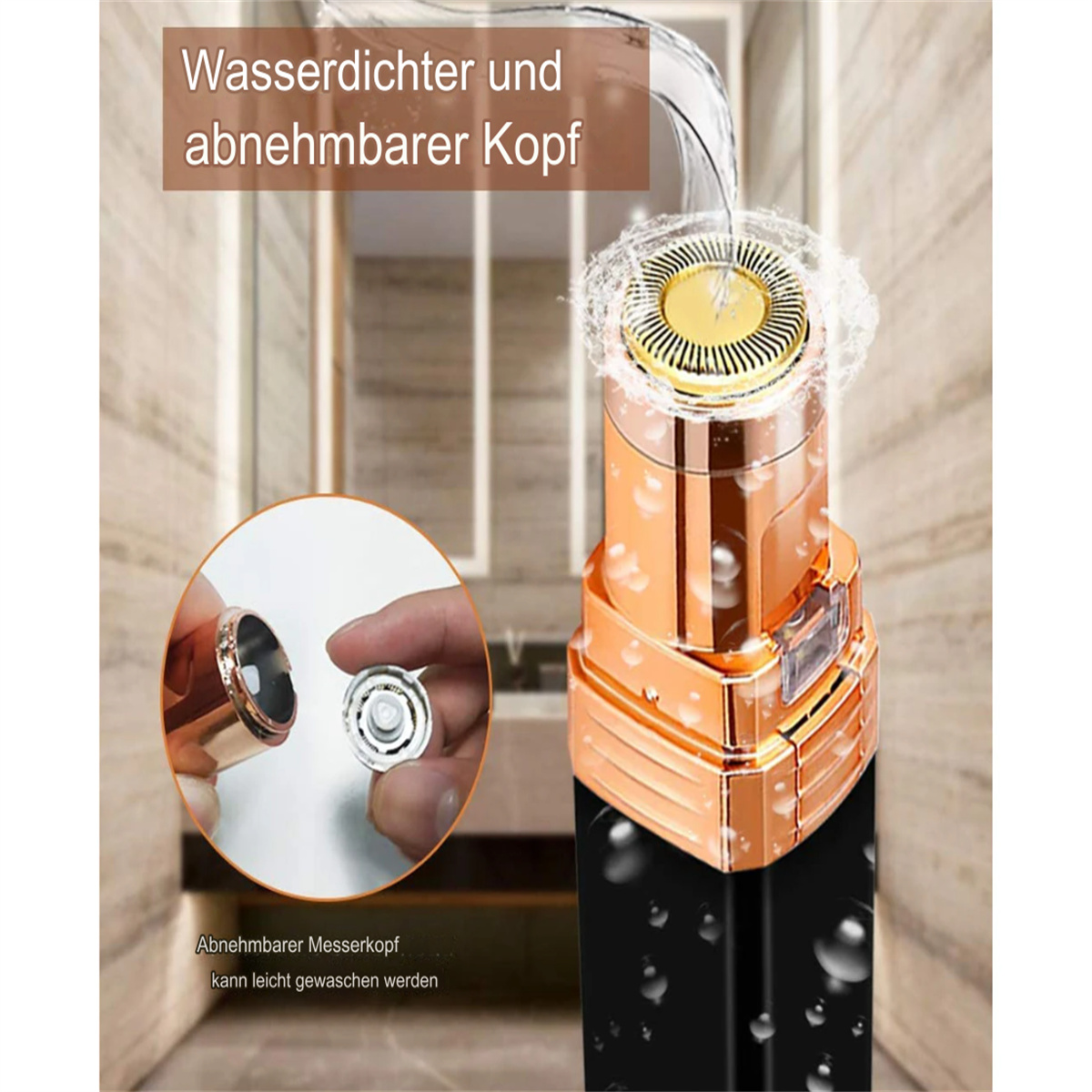 Nahaufnahme eines Rasierers mit abnehmbarem Kopf, mit Wasserfalleffekt.