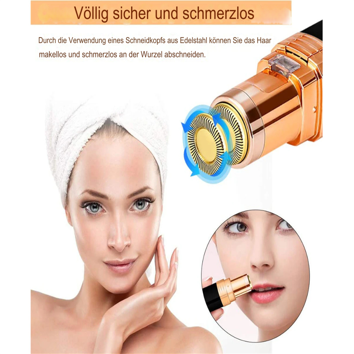 Eine Frau mit Handtuch und ein Gesichtsepilierer mit Abbildung.