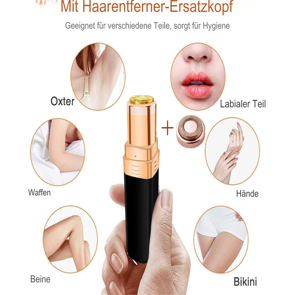 Werbung, die ein Haarentfernungswerkzeug zeigt, mit Nahaufnahmen von Achselhöhlen, Lippen, Armen, Händen, Beinen und Bikinizone.