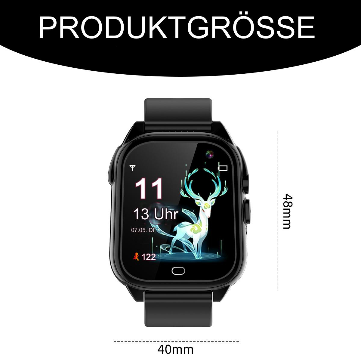 Schwarze Smartwatch mit Hirschbild auf dem Bildschirm. Abmessungen sind 40 mm x 48 mm. Text: Produktgrösse.