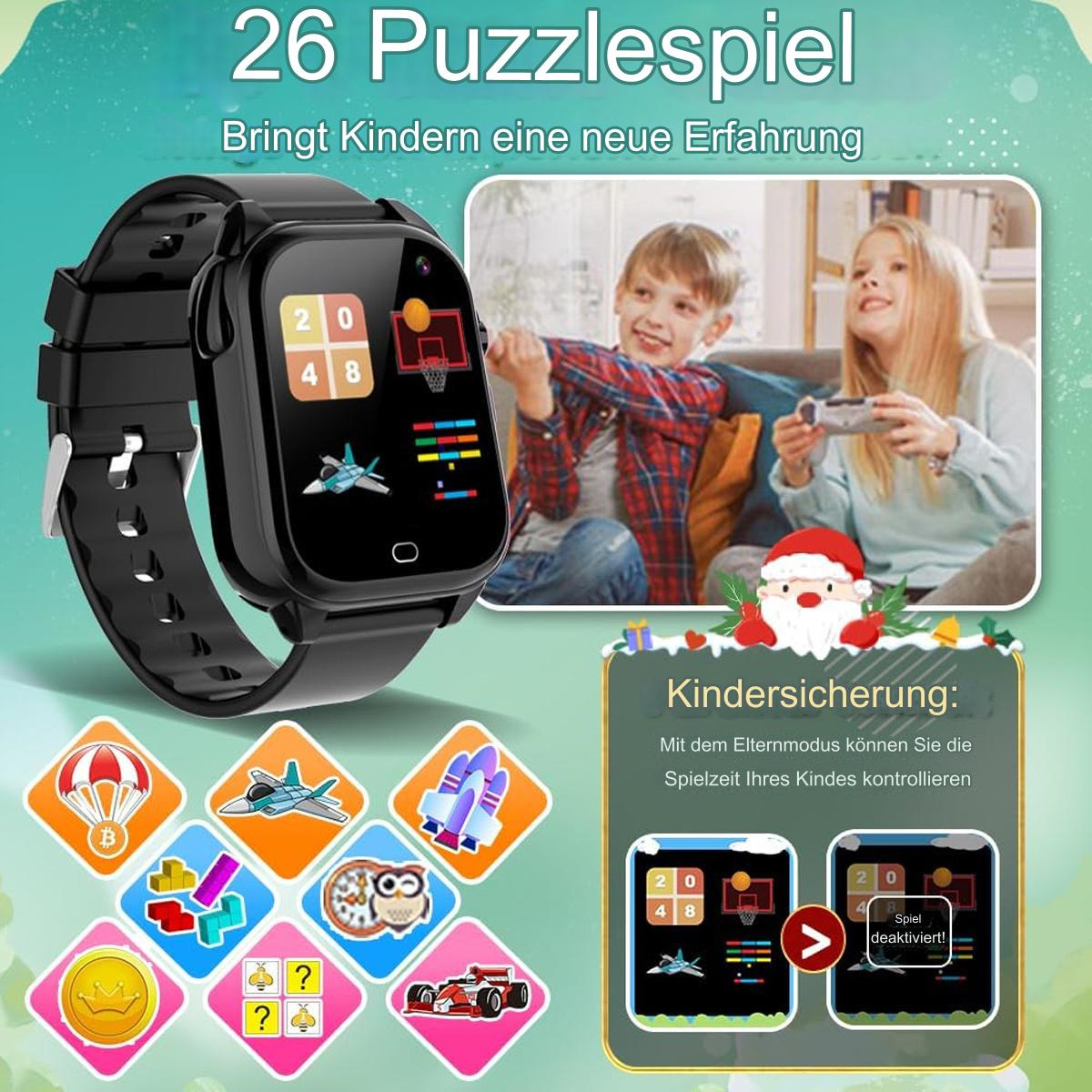 Kinder-Smartwatch mit Spielsymbolen und einem Cartoon-Weihnachtsmann. Zwei Kinder spielen ein Spiel auf einem Tablet.