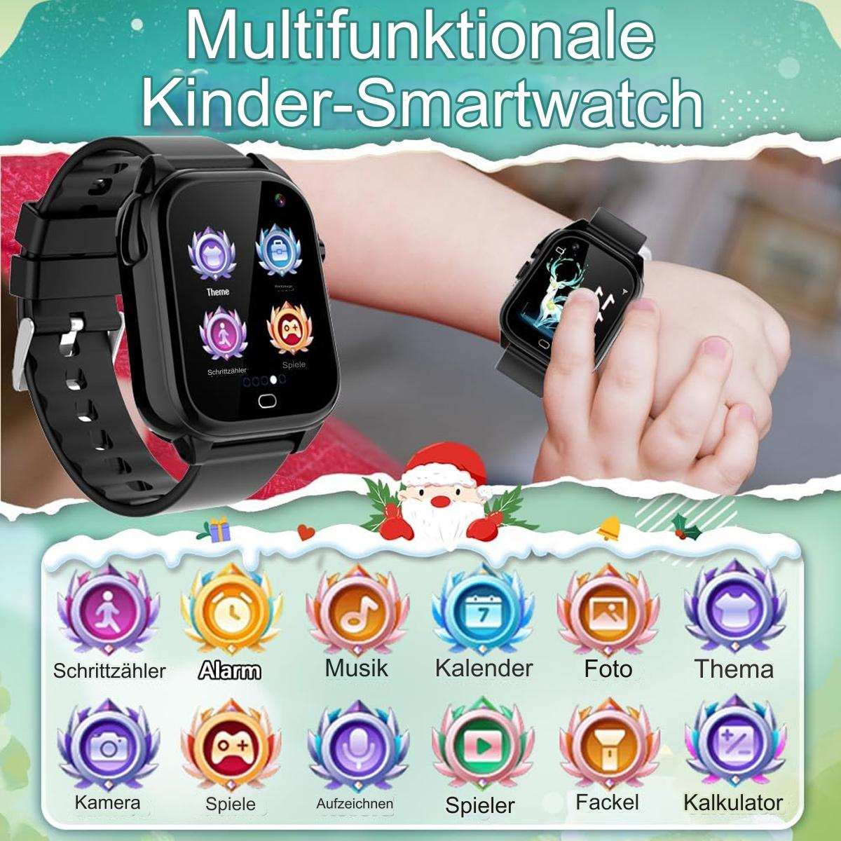 Smartwatch für Kinder mit mehreren Symbolen. Nahaufnahme und am Handgelenk eines Kindes gezeigt.