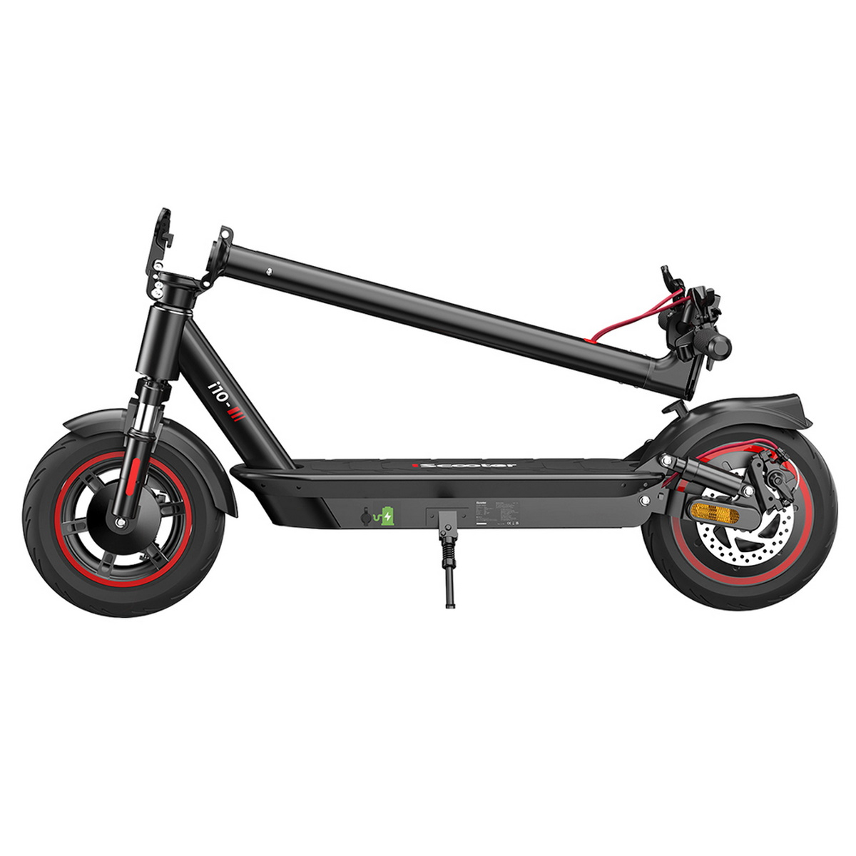 Scooter elettrico nero, piegato, con accenti rossi sulle ruote.