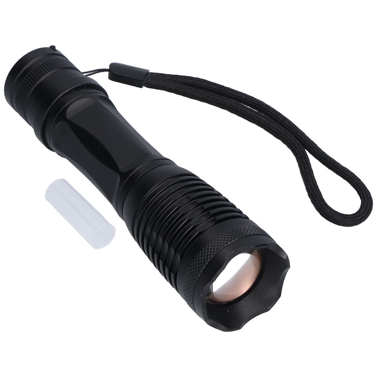 Schwarze Taschenlampe mit Handschlaufe und einem durchsichtigen, zylindrischen Gehäuse.