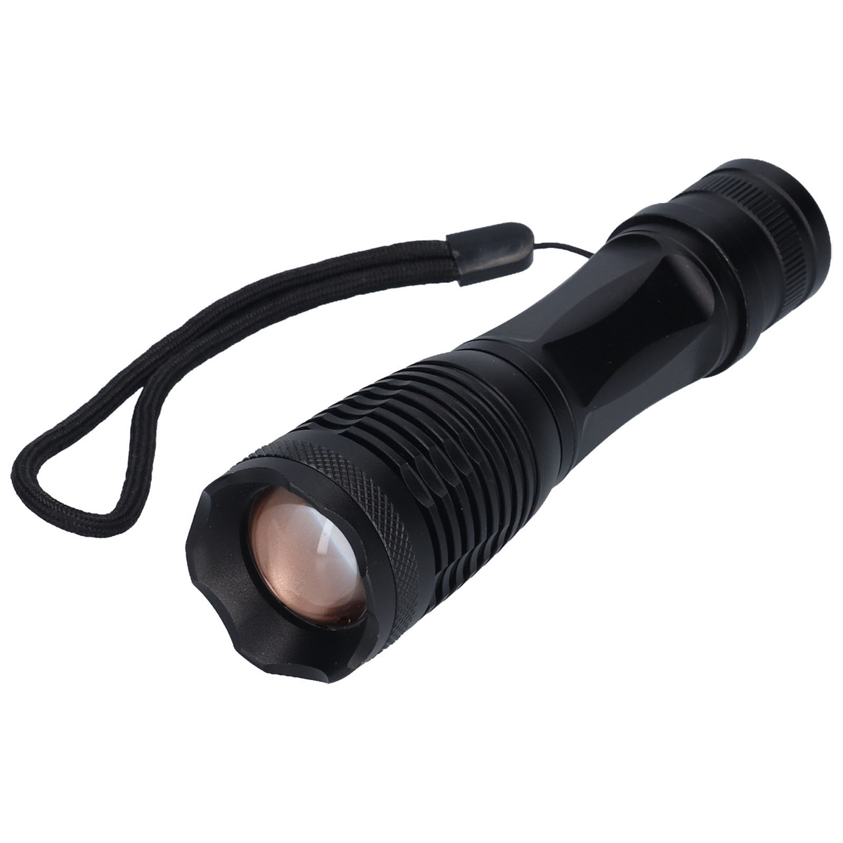 Schwarze Taschenlampe mit schwarzer Handschlaufe, abgewinkelt zur unteren rechten Ecke.
