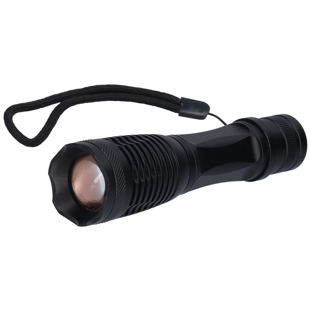 Schwarze Taschenlampe mit Lanyard, isoliert auf Weiß, zeigt die Linse und den Griff.