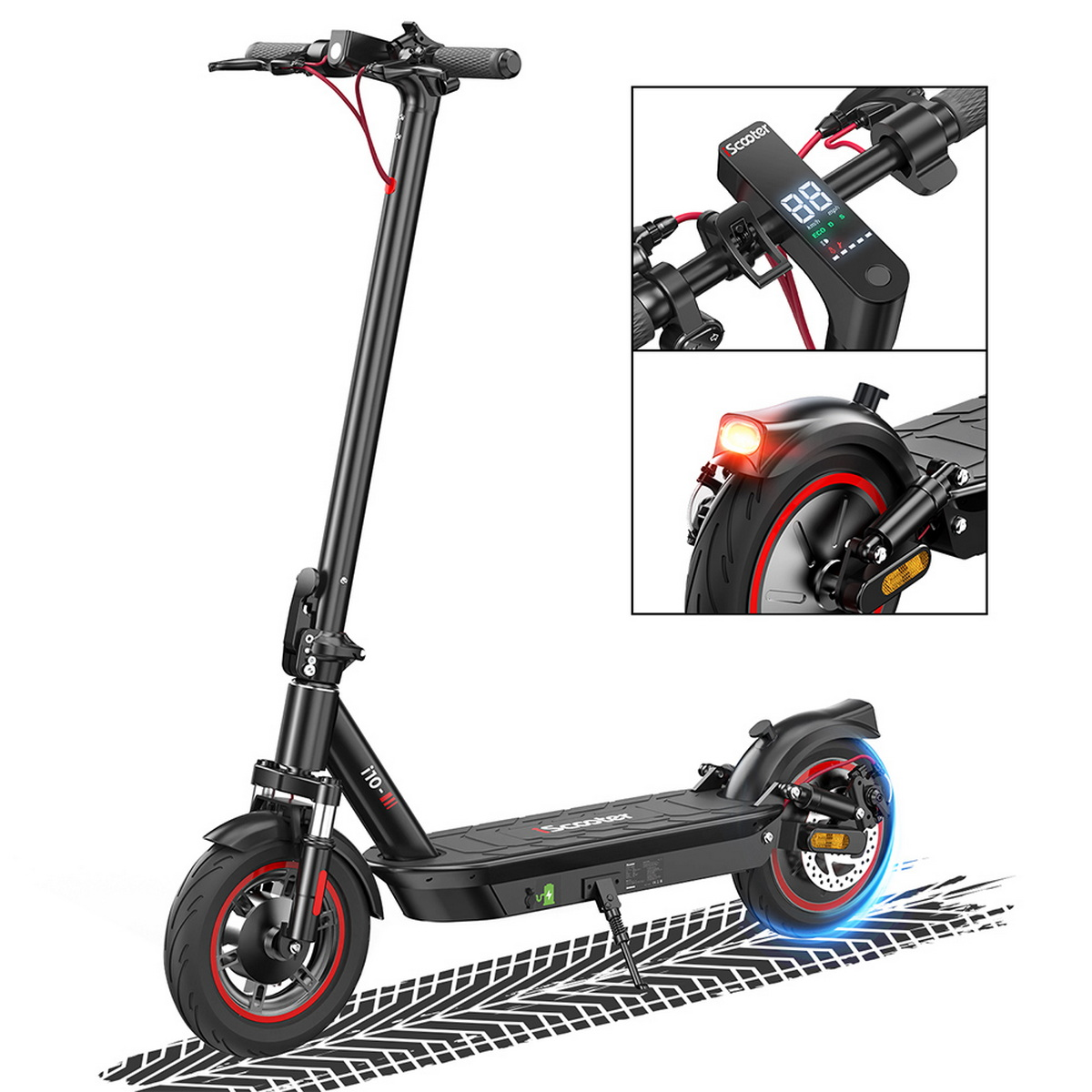 Scooter elettrico nero su sfondo bianco. Sono visibili display e luce posteriore rossa.