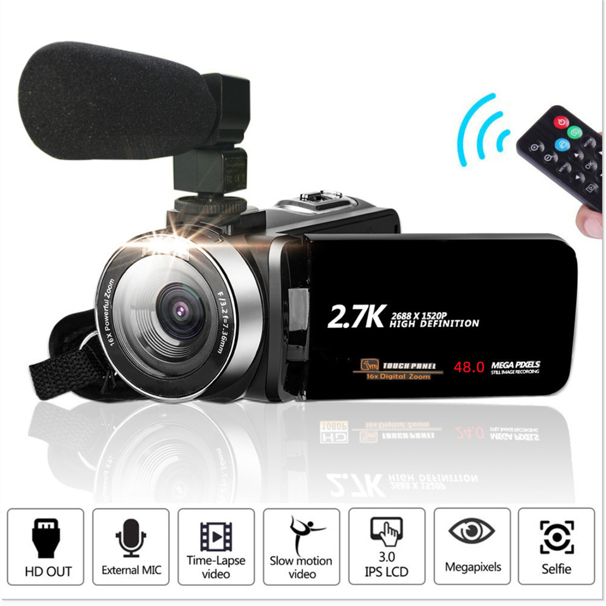 Schwarze Kamera mit Mikrofon, Linse und Knöpfen. Display zeigt 2.7K und 48.0 MP.