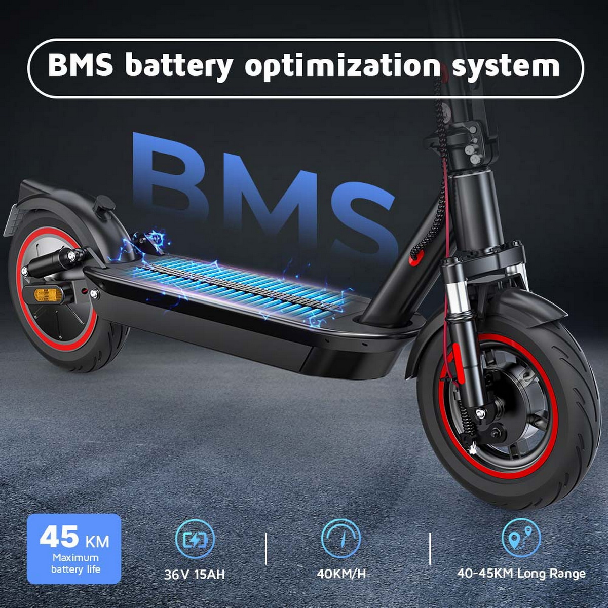 Scooter elettrico nero e grigio. Testo: 45KM durata massima della batteria, 36V 15AH, 40KM/H, 40-45KM autonomia.