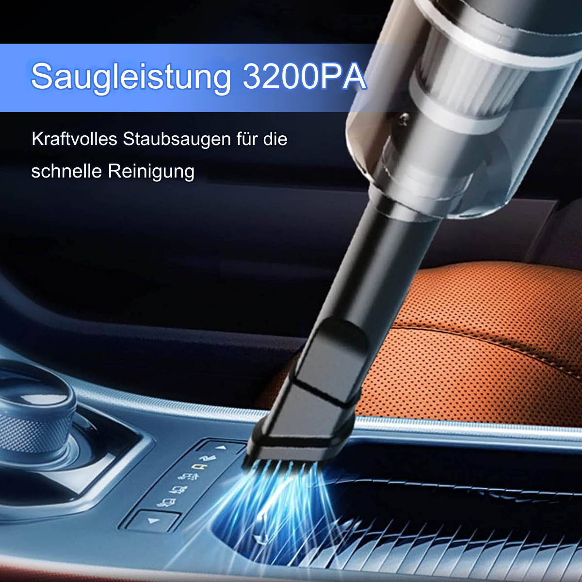Ein Staubsaugerkopf zeigt auf die Konsole eines Autos. Die Konsole ist orange und schwarz.