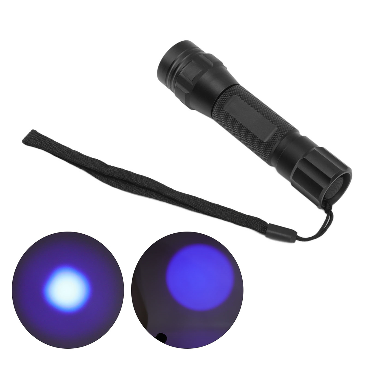 Schwarze Taschenlampe mit Handschlaufe. Zwei Kreise zeigen den Strahl, einer hellblau, einer schwach.