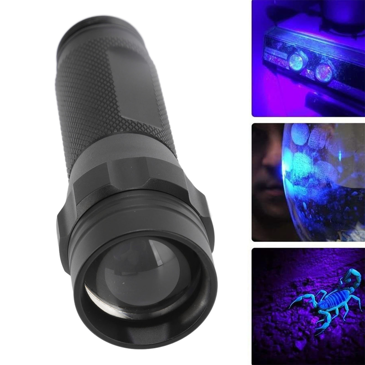 Schwarze Taschenlampe mit Fokuslinse. Zeigt auch Bilder von UV-Lichtanwendungen.