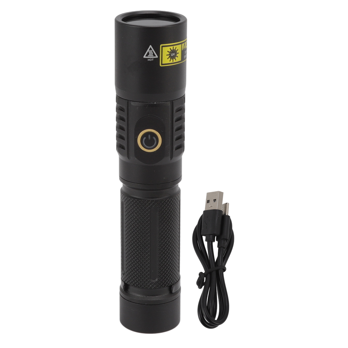 Schwarze Taschenlampe mit USB-Ladekabel und einer Warnung vor hoher Temperatur.