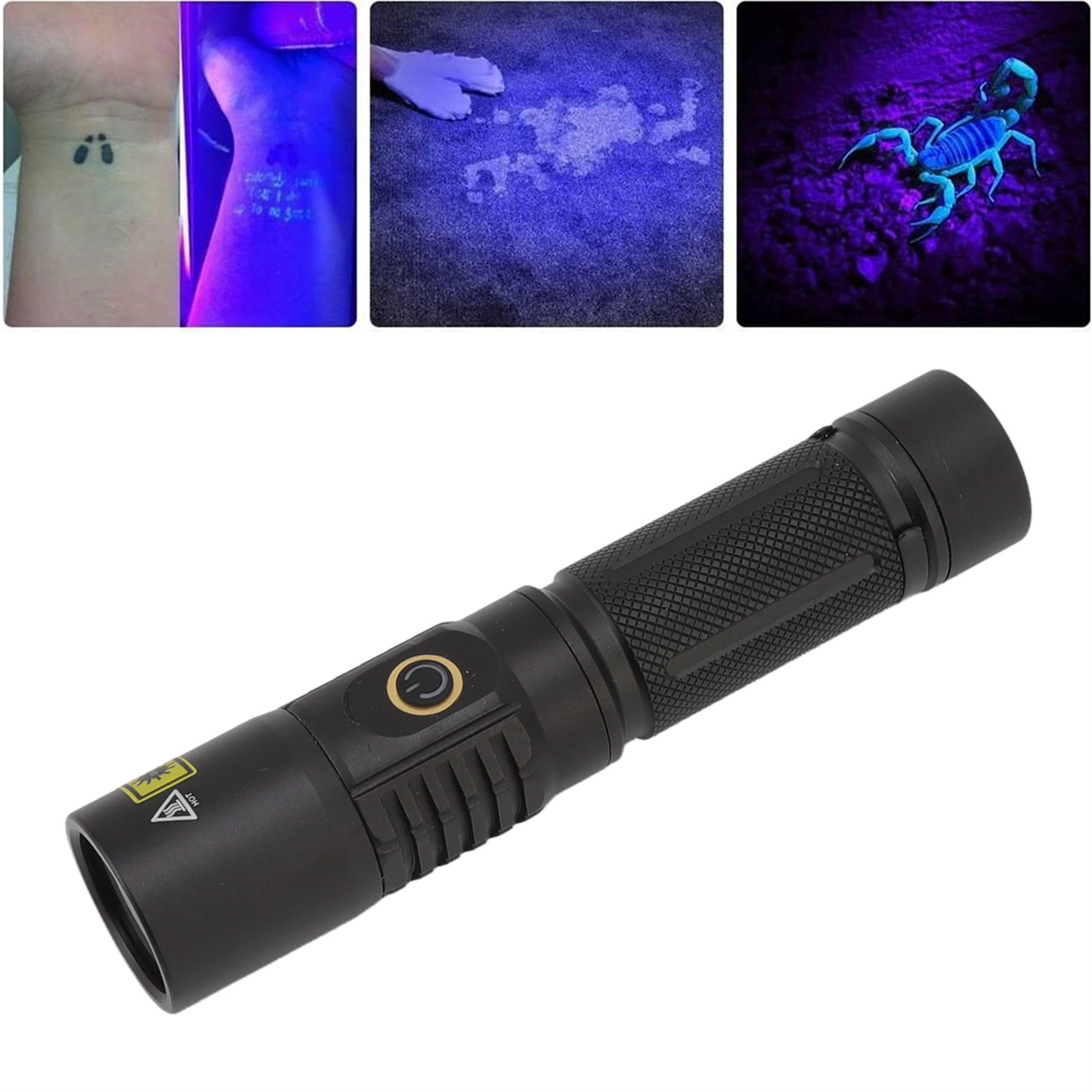 Schwarzlicht auf verschiedenen Oberflächen: Tattoo, Arm, Teppich und Skorpion, leuchtend.