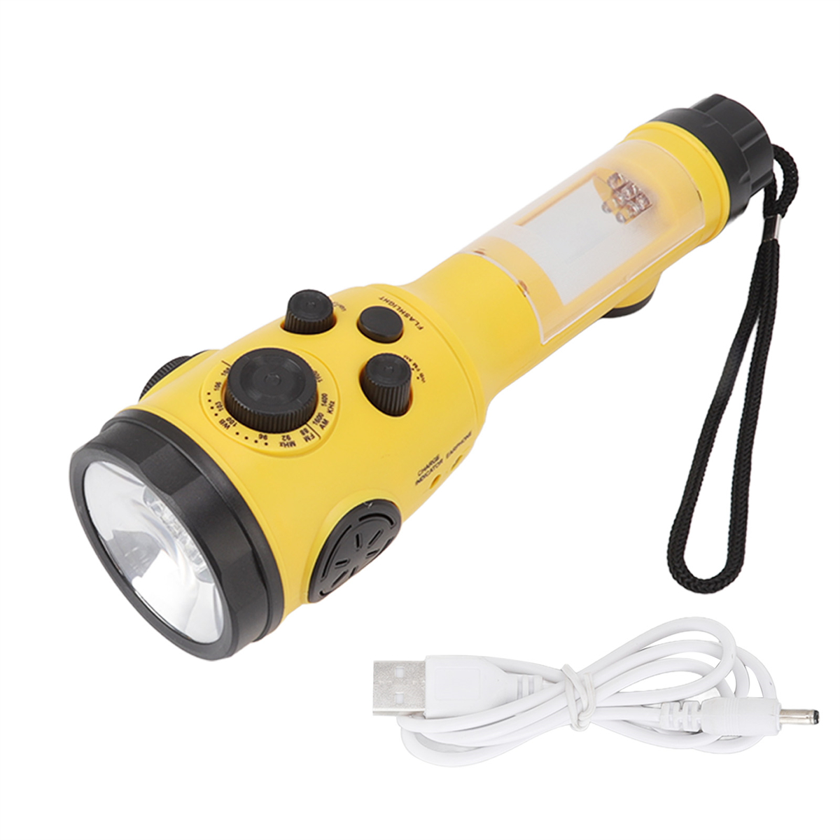 Eine gelbe Taschenlampe mit einem weißen Ladekabel auf einer weißen Oberfläche.