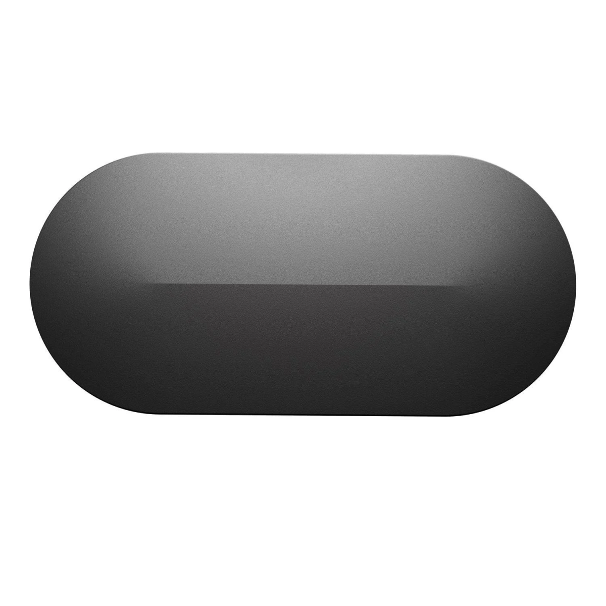 Ein graues, oval geformtes Objekt mit einem vertieften Mittelteil, von oben gesehen.