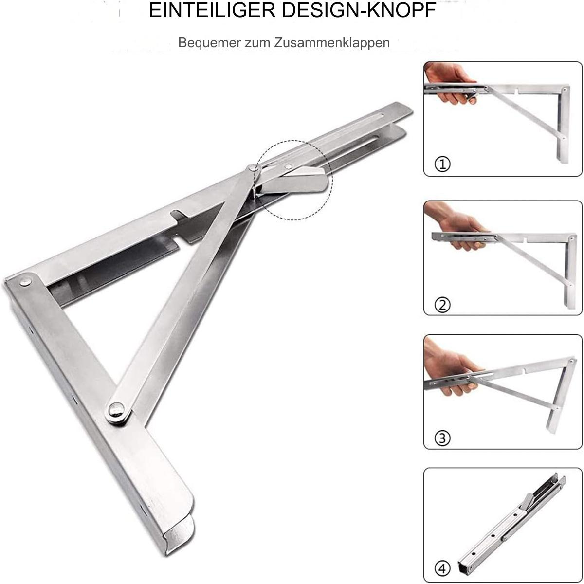 Eine silberne Klapphalterung mit Diagrammen, die den Faltvorgang veranschaulichen.