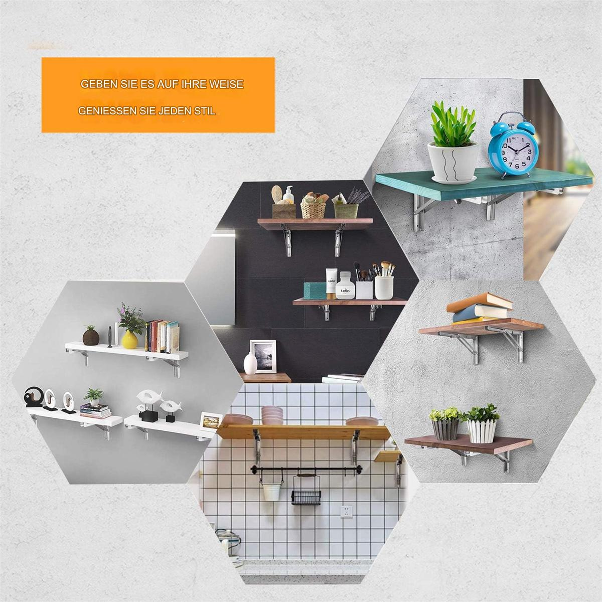 Regale mit verschiedenen Gegenständen in modernem Ambiente, Text in Orange.