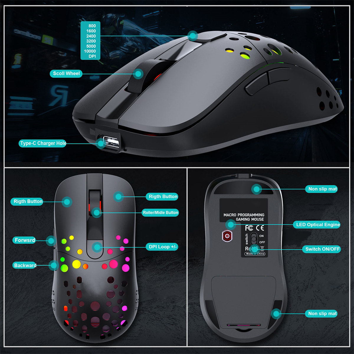 Schwarze Gaming-Maus mit beschrifteten Funktionen: Scrollrad, Tasten, DPI-Einstellungen.
