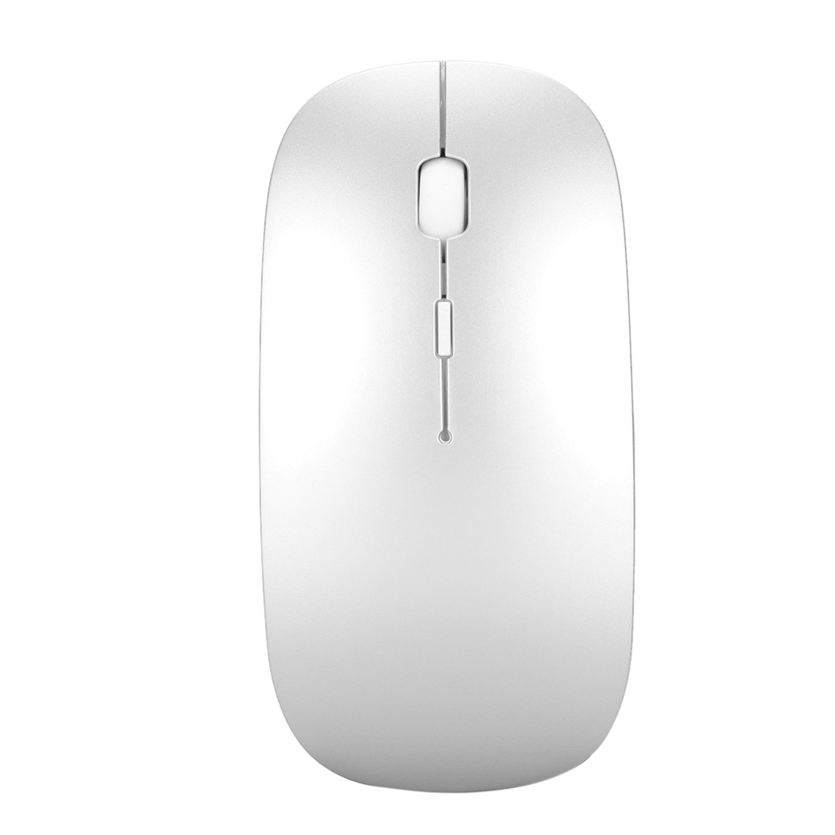 Weiße, ovale Computermaus mit mittlerer Taste und Scrollrad. Weißer Hintergrund.