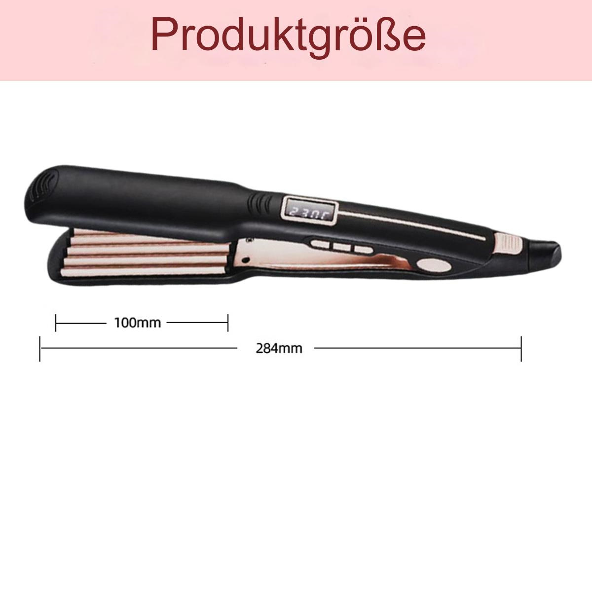 Schwarzer Haarglätter mit Digitalanzeige. Er ist 284 mm lang und hat eine Breite von 100 mm.