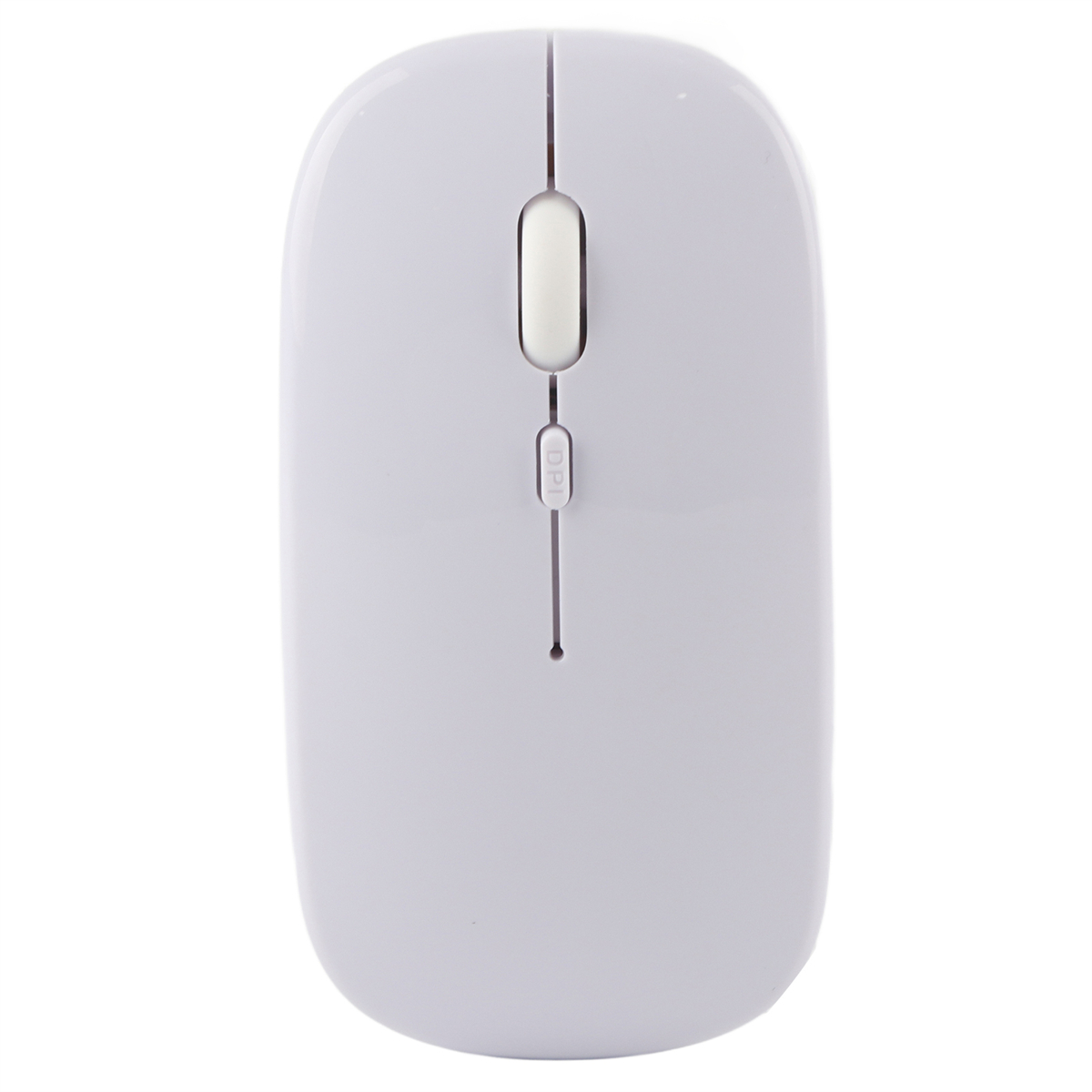 Weiße kabellose Maus, ovales Design, mit Scrollrad und DPI-Taste.