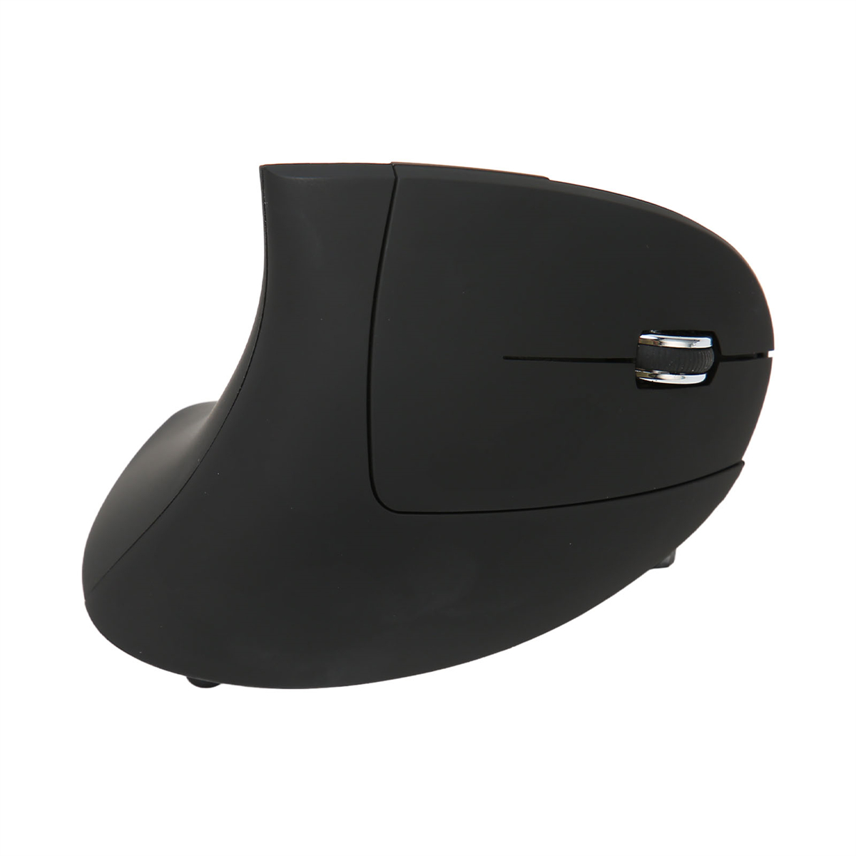 Schwarze ergonomische Maus mit Scrollrad auf weißem Hintergrund, Seitenansicht.