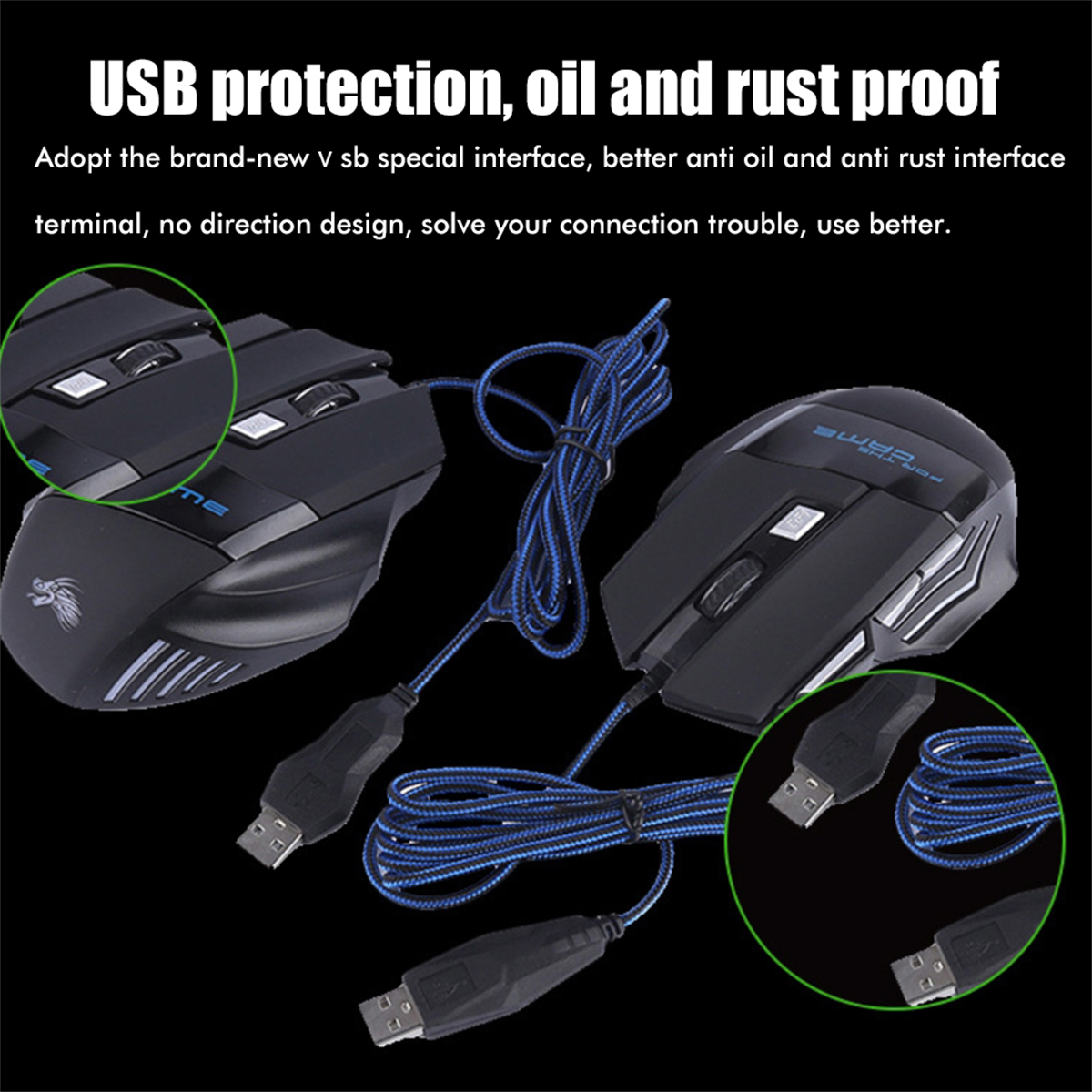 Zwei schwarze Computer-Mäuse mit blauen Kabeln. USB-Anschlüsse sind in einer Nahaufnahme gezeigt.