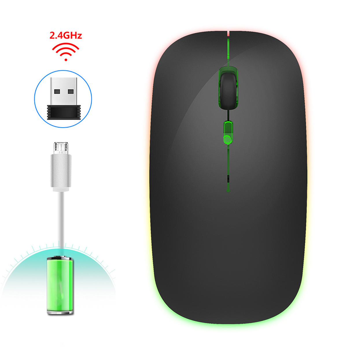 Schwarze Maus mit USB-Empfänger und Ladeinformationen.