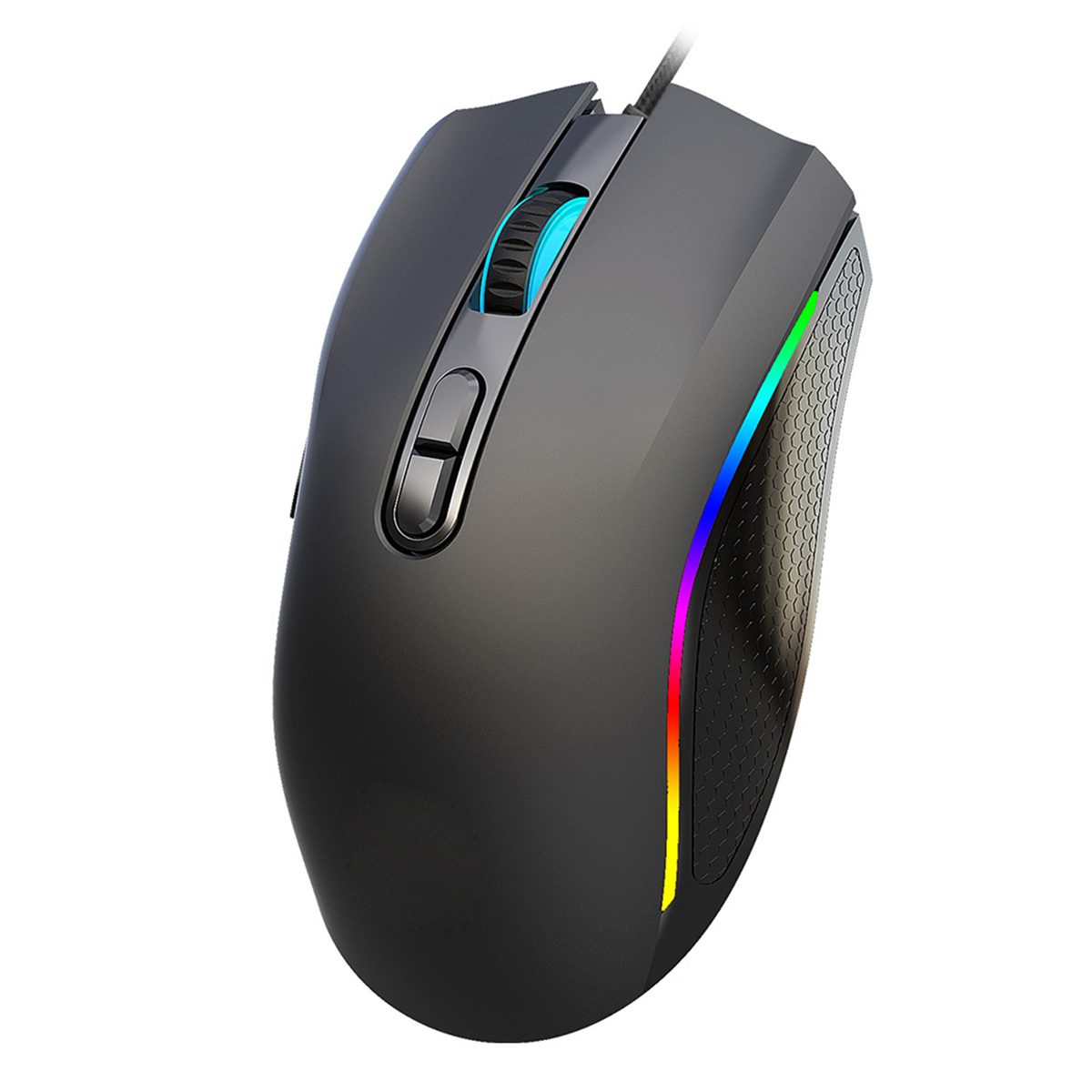 Eine schwarze Gaming-Maus mit RGB-Beleuchtung an der Seite und am Scrollrad. Sie hat ein schlankes Design.