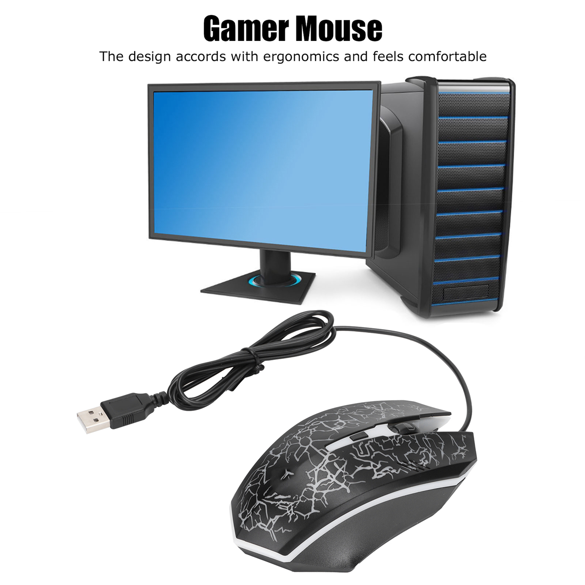 Gamer-Maus, schwarz mit Blitzdesign, an Monitor und Computer angeschlossen.