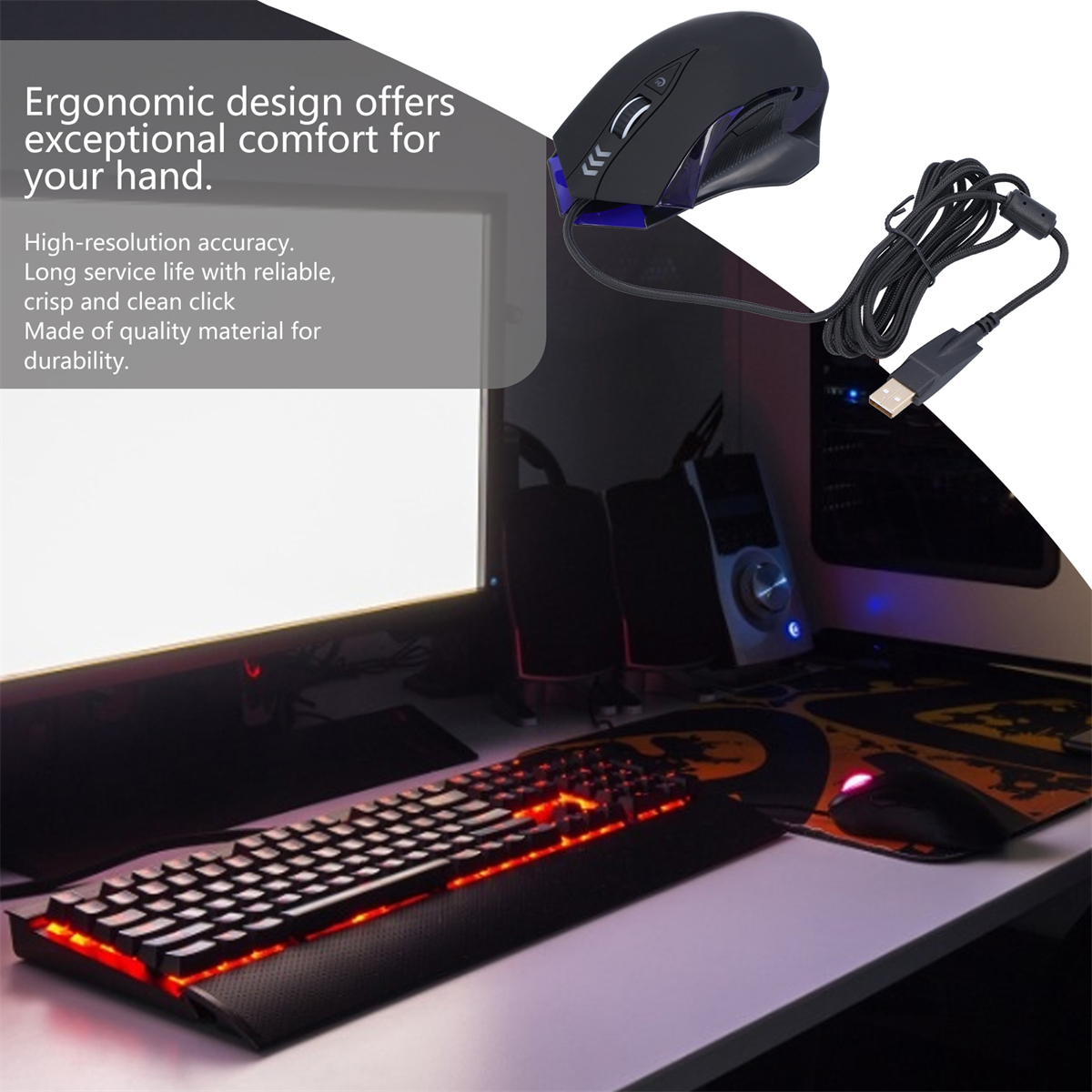 Eine schwarze Gaming-Maus und -Tastatur auf einem Schreibtisch mit einem Computer.
