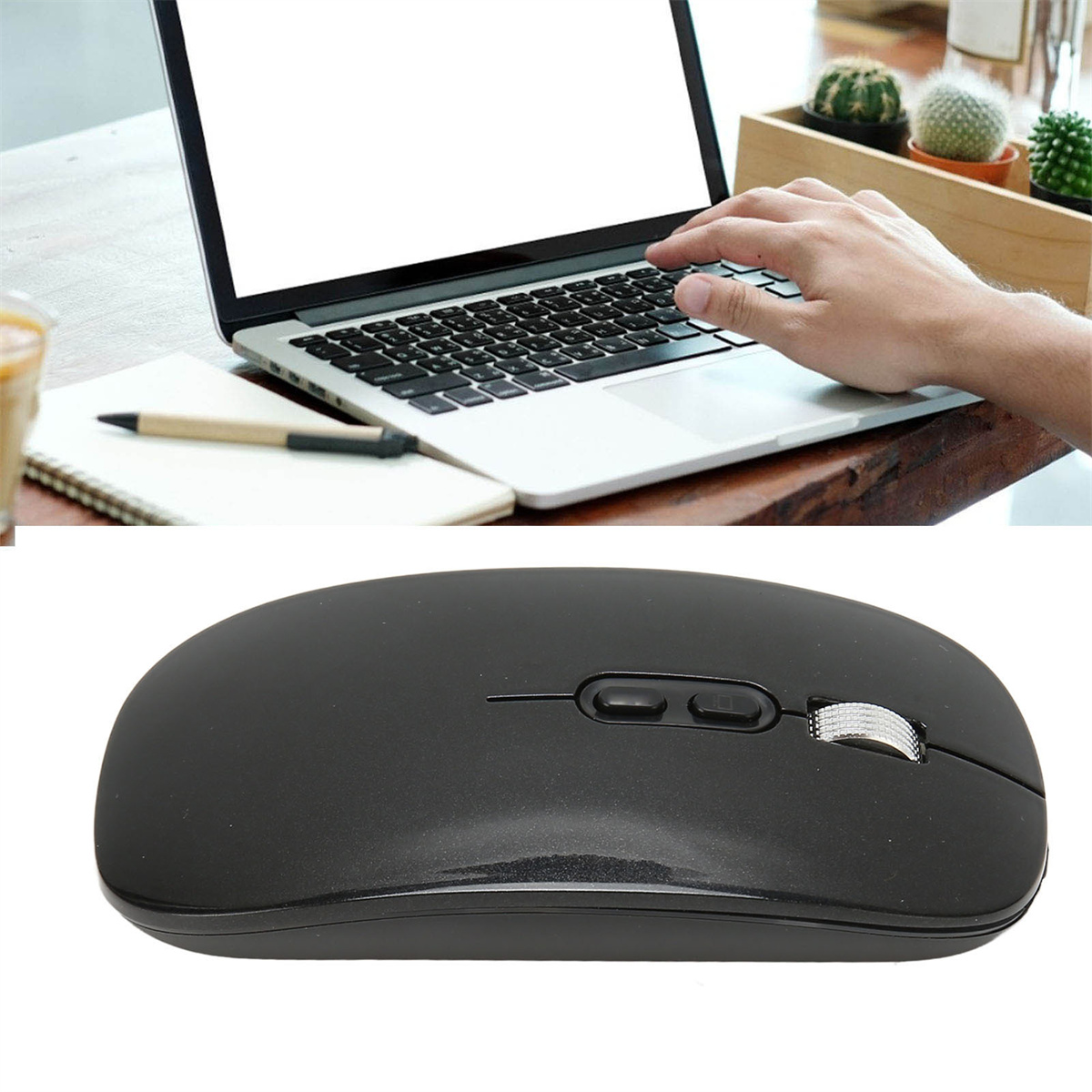 Schwarze Maus und Laptop mit Person im Hintergrund.