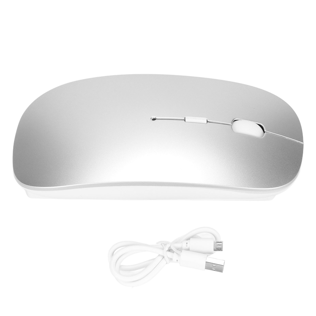 Silberne Maus mit Scrollrad und USB-Kabel. Weißer Hintergrund.