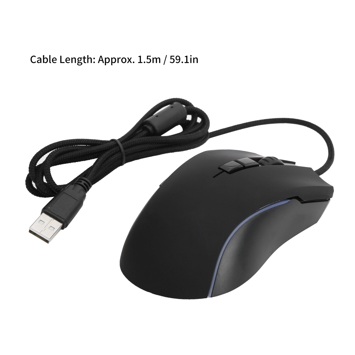 Eine schwarze Computermaus mit USB-Kabel, neben einem weißen Hintergrund.