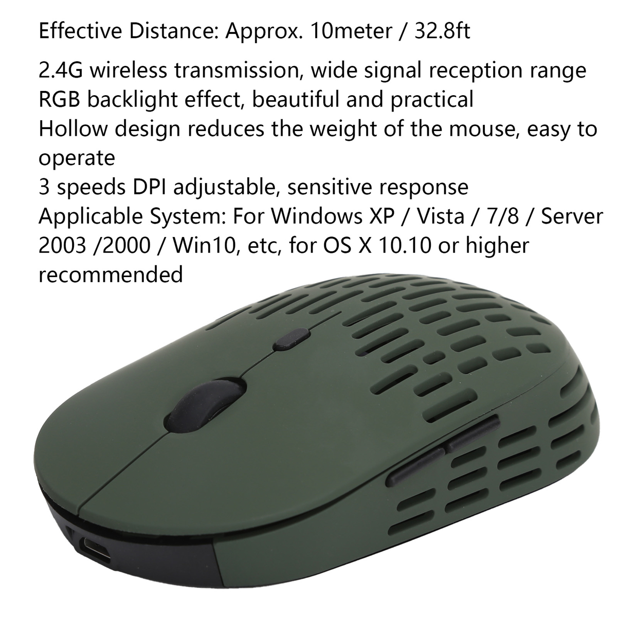 Eine grüne Maus mit hohlem Design, mit Text über ihre Funktionen und Systemkompatibilität.