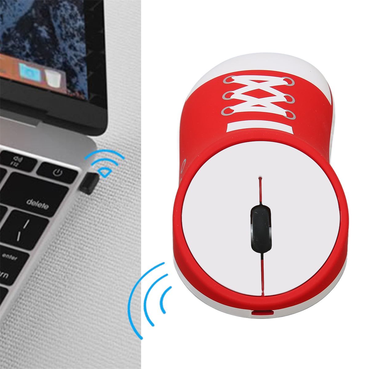 Eine rot-weiße Maus in Sneaker-Form neben einem Laptop, mit blauen Funksignalen.