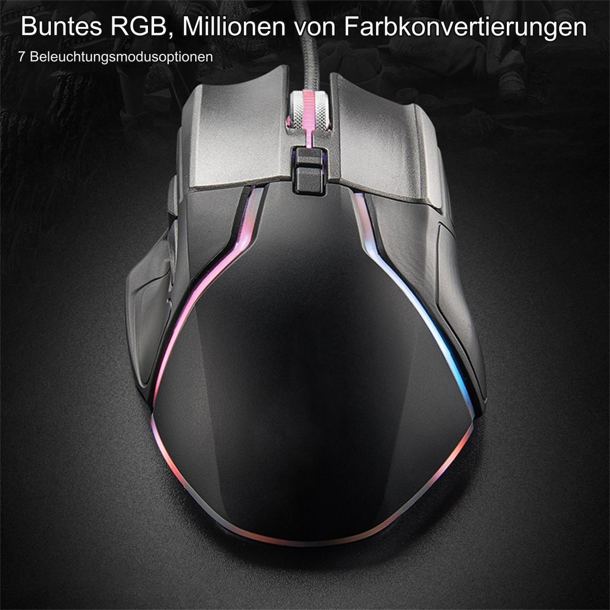 Gaming-Maus mit RGB-Beleuchtung. Sie ist schwarz und grau mit pinkfarbenem Scrollrad.