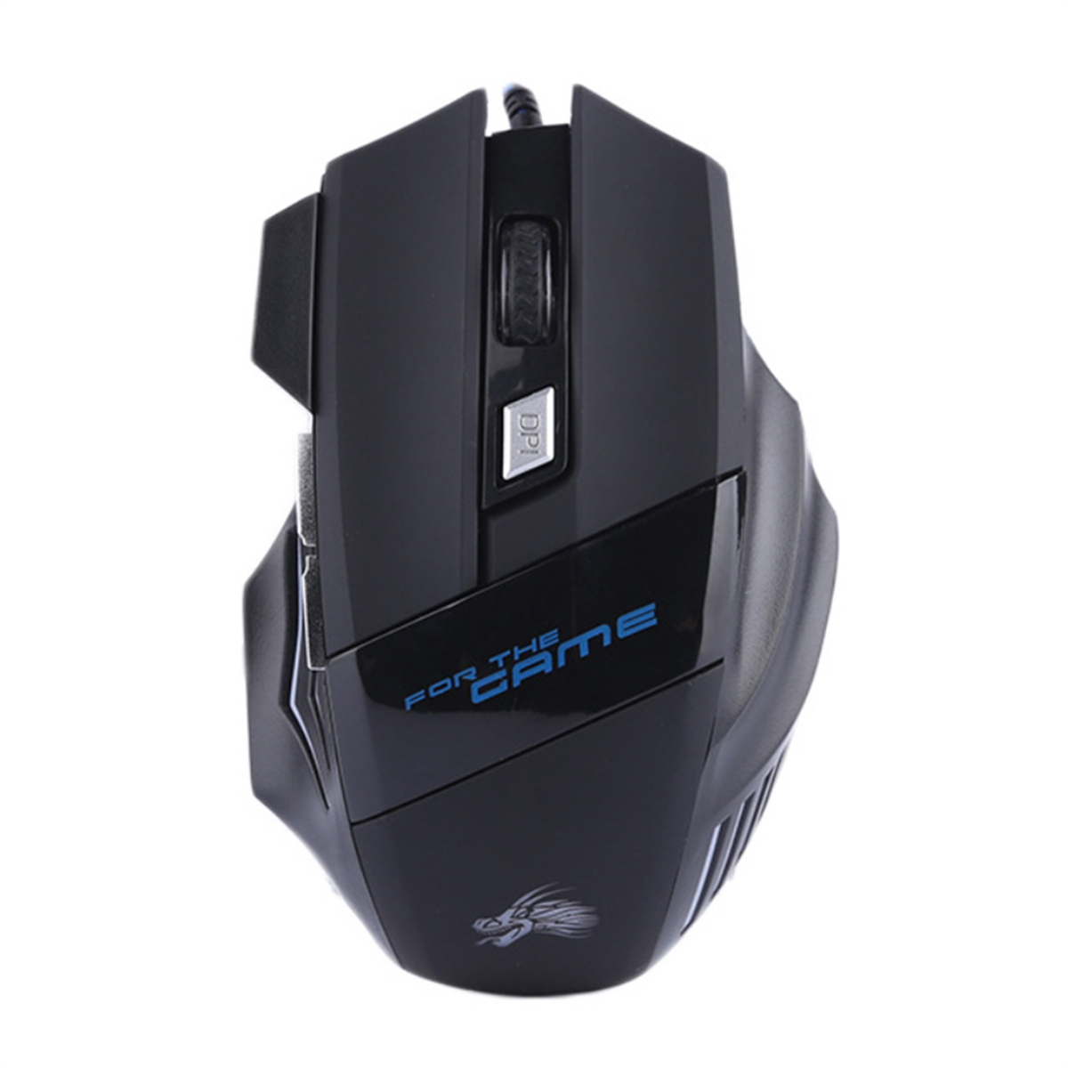 Schwarze Gaming-Maus mit blauen Akzenten und den Worten 'FOR THE GAME'.