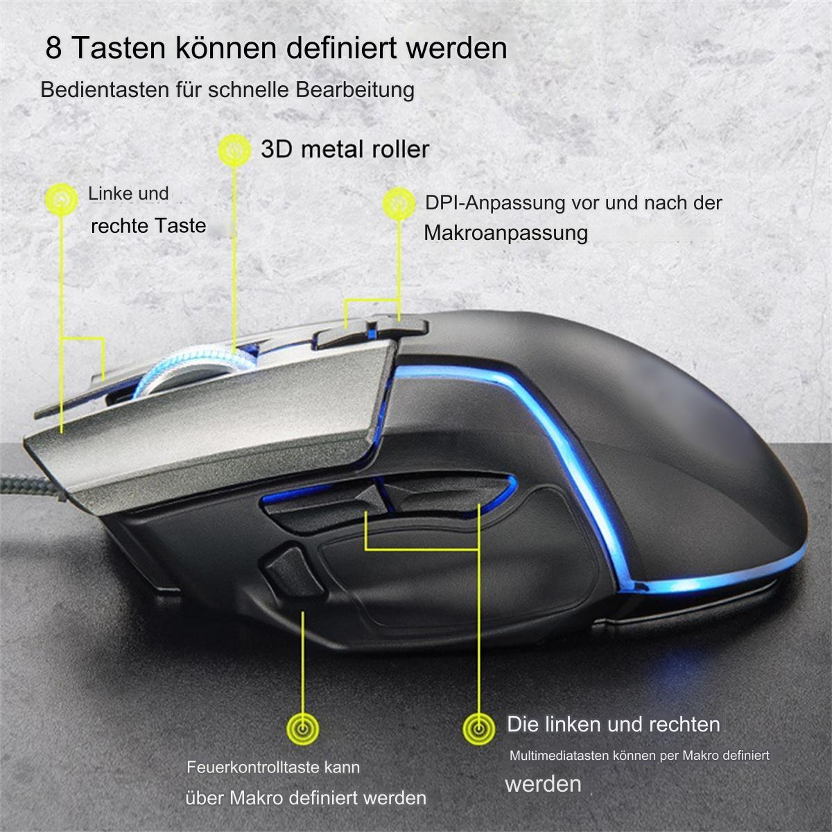 Eine schwarze und silberne Gaming-Maus mit Tasten und einer Rolle. Anmerkungen weisen auf Funktionen wie die DPI-Anpassung hin.