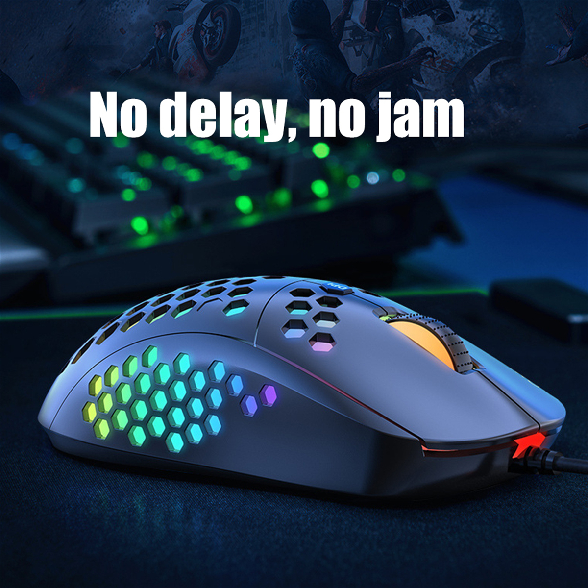 Gaming-Maus mit bunten Lichtern. Text: Keine Verzögerung, kein Stau. Schwarzer Hintergrund.