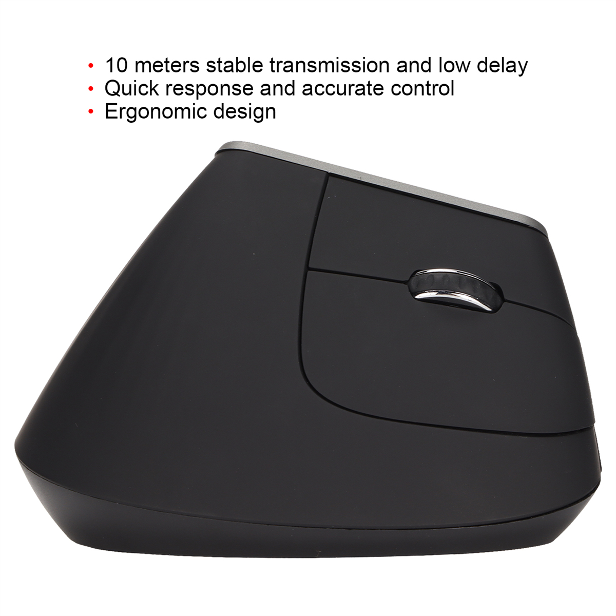 Schwarze ergonomische Maus mit Scrollrad und Tasten. Draufsicht mit Text.